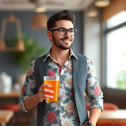 create a highly detailed 3D rendered character wearing a floral shirt and vest, holding a drink, standing in a relaxed pose, shot with a DSLR camera at f/2.8 aperture, 50mm lens, with soft lighting and a shallow depth of field for enhanced focus on the character against a blurred background