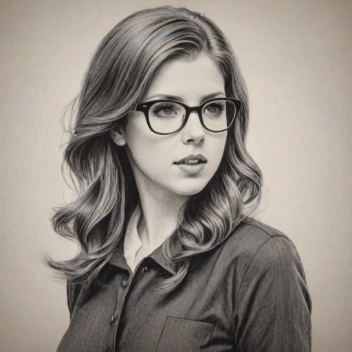 Magnificent Anna Kendrick, pencil sketch, portrait of Fascinating woman 1952s in glasses, hair style beatnik, outline, clear lines, fine lines, 8k