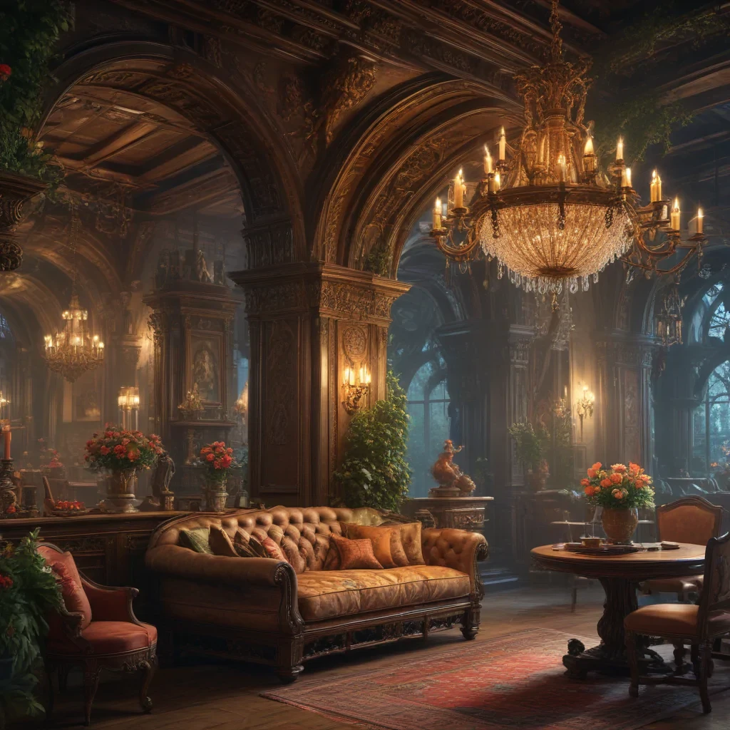 Elegant Vintage Living Room with Ornate Décor and Crystal Chandelier