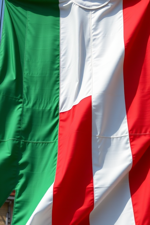 Create a high-resolution image of the Italian flag with vibrant green, white, and red vertical stripes, shot with a Canon EOS R5 at f/8, ISO 100, 50mm lens, with a slight overhead view and soft natural lighting to enhance color depth and clarity.