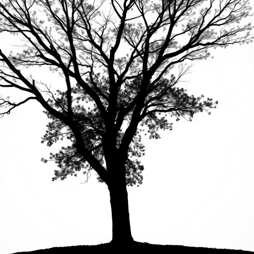 Generate an image of a minimalist black silhouette of a tree against a white background, captured with a Canon EOS R5, 50mm lens, f/1.8 aperture, ISO 100, natural light, taken from a low angle perspective for a dramatic effect.