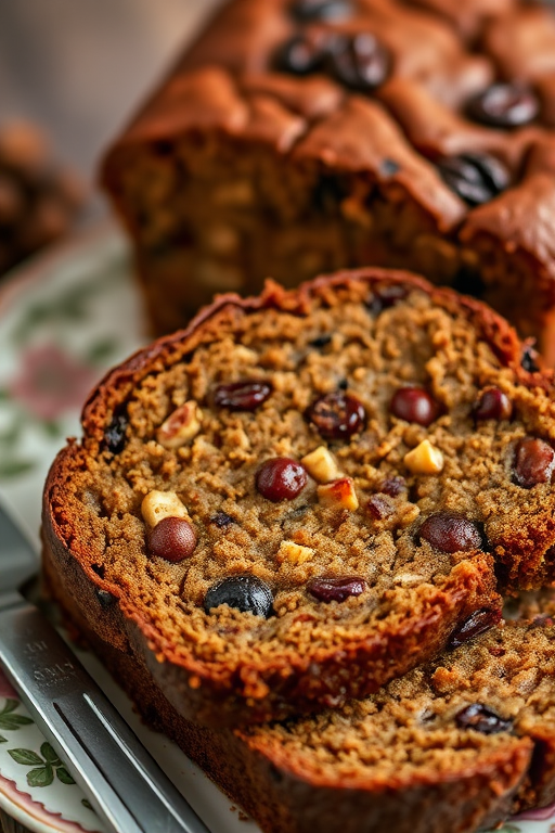 A close-up of a rustic fruitcake sliced into pieces resting on a decorative plate with a silver knife beside it showcasing rich brown tones and a texture filled with dried fruits and nuts. The background is softly blurred to emphasize the cake.