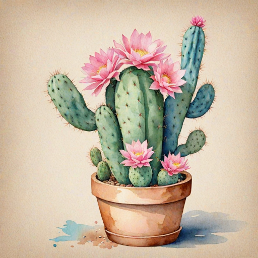 Create a watercolor illustration of a cactus in a rustic pot, featuring vibrant pads in shades of blue-green and soft pink flowers, set against a simple background with gentle colors.