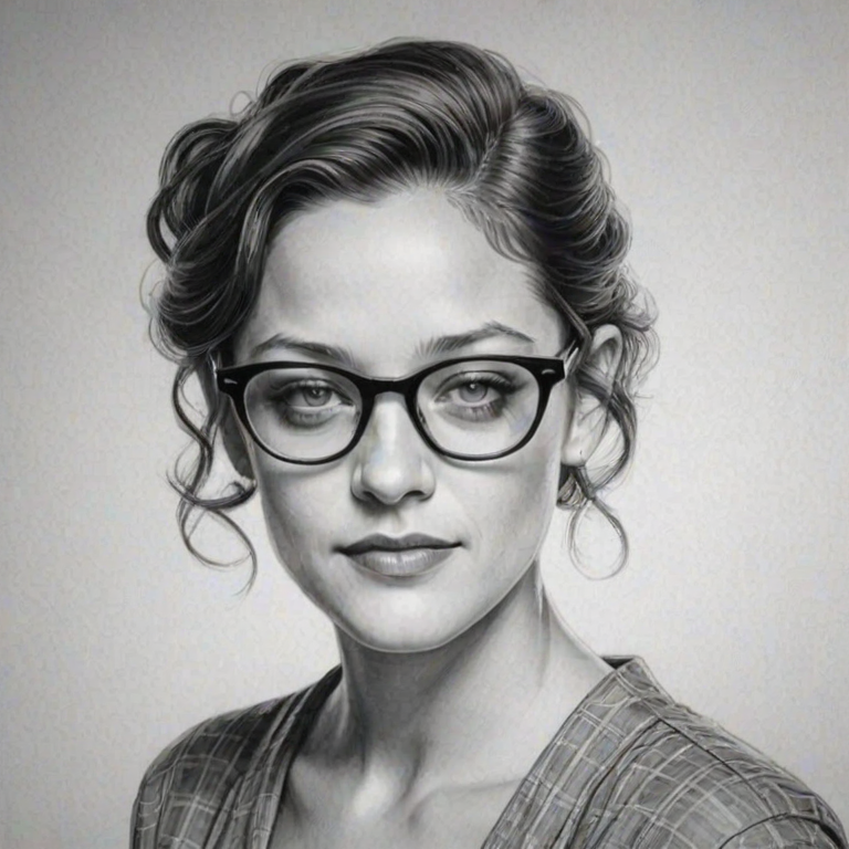 Radiant Marion Cotillard, pencil sketch, portrait of Enchanting woman 1958s in glasses, hair style beatnik, outline, clear lines, fine lines, 8k