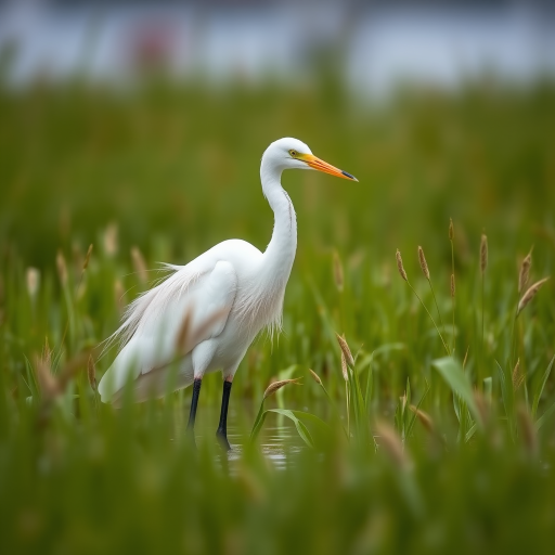 Great egret standing in shallow water surrounded by tall grass, captured with a Canon EOS 5D Mark IV, 300mm lens, f/4 aperture, ISO 200, shot at 1/1000 sec, natural lighting, shallow depth of field for background blur.