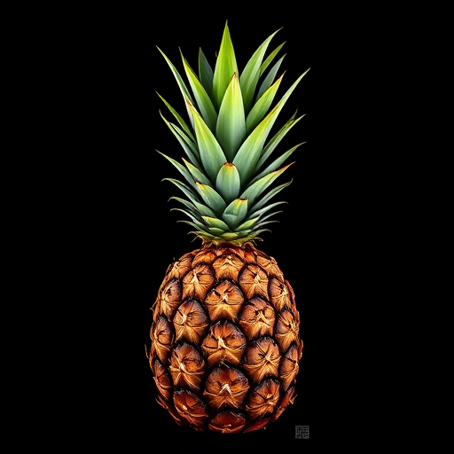 Create a detailed vector illustration of a pineapple with a black background, using a Canon EOS 5D Mark IV camera, 50mm lens, f/2.8 aperture, ISO 100, 1/200 sec shutter speed, focusing on sharp lines and high contrast for enhanced quality.