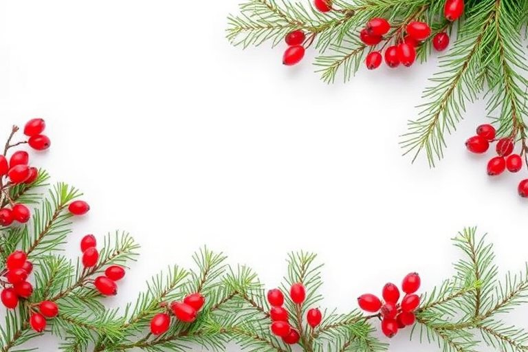 Generate an image of a winter-themed background with evergreen branches and red berries. The composition should feature a light, neutral background, with the greenery and berries positioned in one corner to create a festive atmosphere.