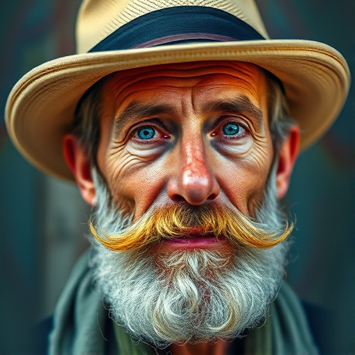 Create a vivid digital artwork of a man with a hat and a colorful beard, using a high-resolution camera, with a focal length of 50mm, aperture set to f/2.8, ISO 100, shot from a slight upward angle to enhance depth, in a painterly style reminiscent of Post-Impressionism.