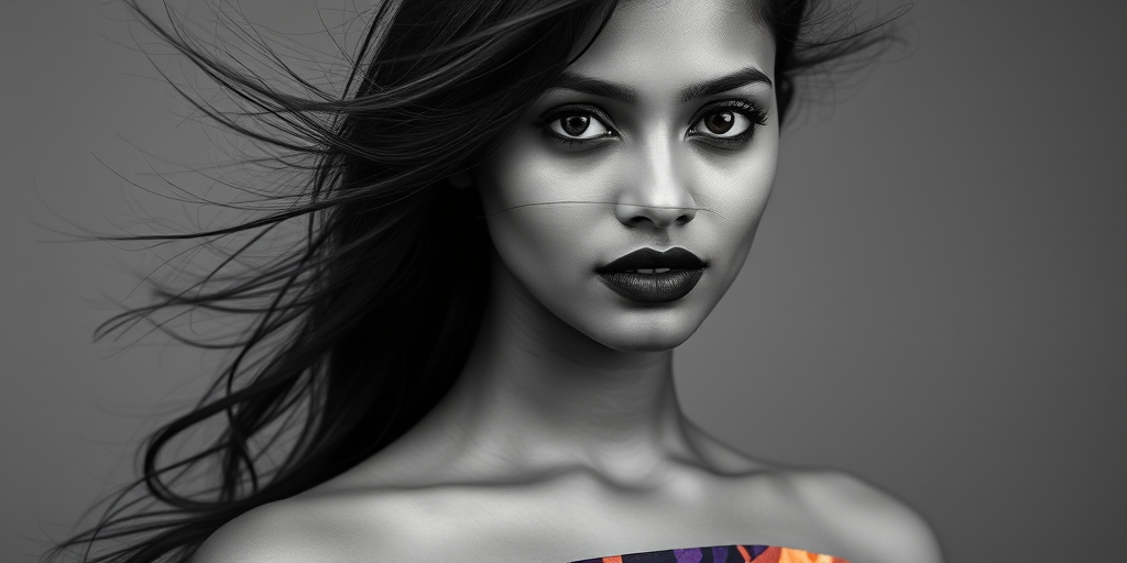 Photographic image of a beautiful young Sri Lankan woman, black eyes, lips with black lipstick, long hair fluttering in the wind and wearing a silk strapless dress with a soft purple and orange print. monochrome image with only color highlights in the iris of the eyes, lipstick and dress. Gray background.