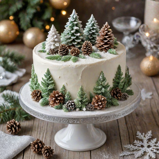 Create an image of a festive winter-themed cake. The cake should be white and decorated with snow-covered pinecones, frosted greenery, and shimmering ornaments. Add a touch of sparkle with edible glitter, and ensure the overall look is elegant and wintry.