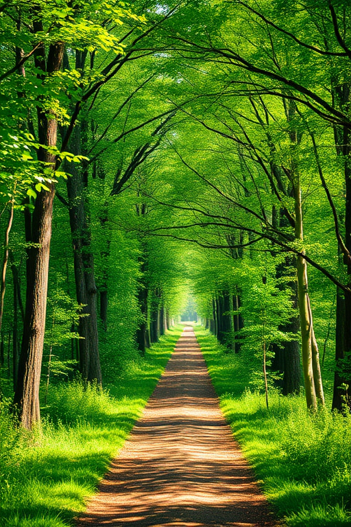 regenerate a vibrant forest path with lush green trees on either side, soft natural lighting, 50mm lens, f/2.8 aperture, ISO 100, slightly elevated viewpoint, DSLR camera, enhance sharpness and color saturation