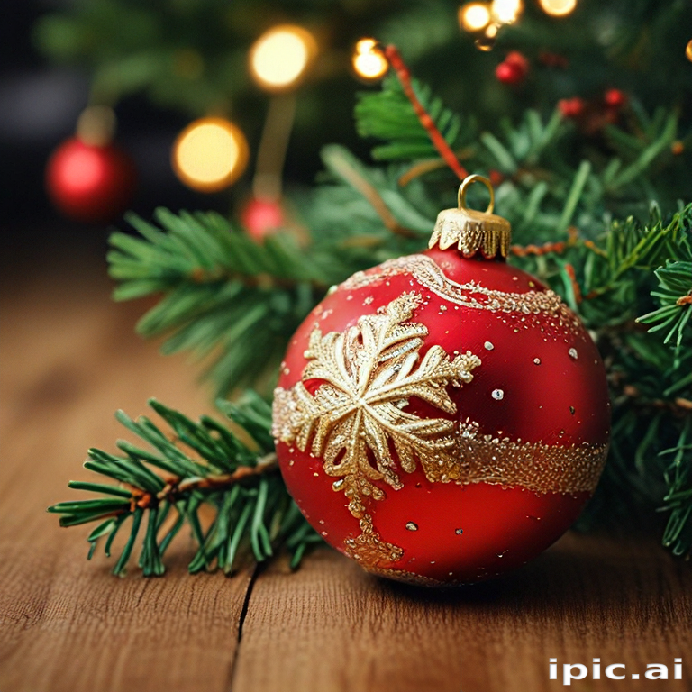 Beautiful Red Christmas Ornament Hanging on a Festive Evergreen Tree