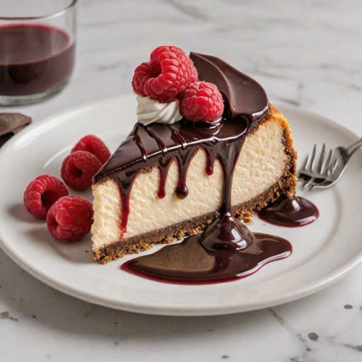 Generate an image of a slice of cheesecake with a smooth, creamy texture and a rich, dark chocolate crust. The cheesecake should have a vibrant raspberry sauce swirled on top, with additional raspberry sauce being drizzled over a generous dollop of sauce. Include fresh raspberries around the plate for decoration, and present the slice on a white plate against a light marble background.