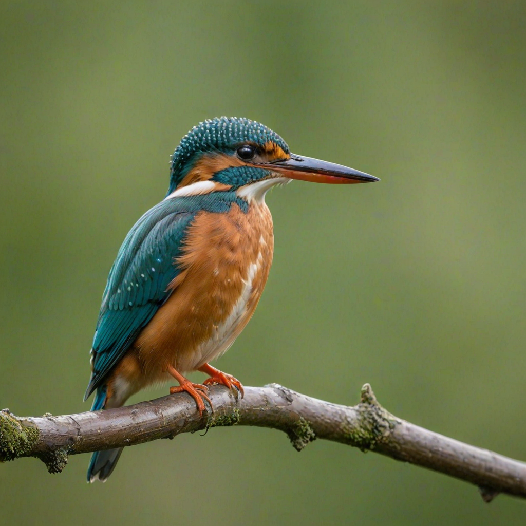 A vibrant kingfisher perched on a branch with a blurred green background, captured with a Canon EOS R5, 85mm lens, aperture f/2.8, ISO 200, shutter speed 1/250s, in soft focus style for enhanced detail and clarity.