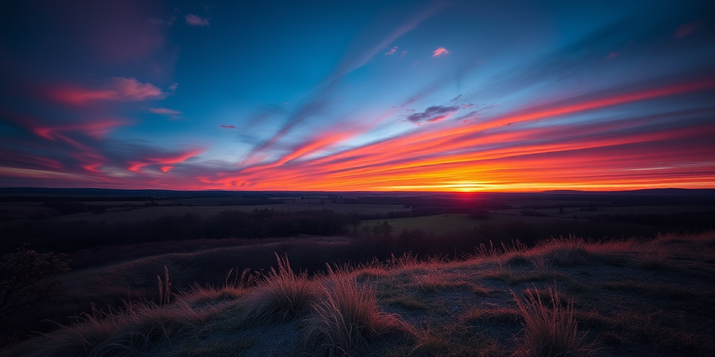 Capture a high-resolution image of a serene landscape during sunset, using a Canon EOS 5D Mark IV, 50mm lens, aperture f/1.8, ISO 100, shutter speed 1/200 sec, with a focus on vibrant colors and dramatic lighting, wide-angle view for depth.