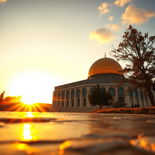 regenerate an image of the Dome of the Rock during sunset with golden light reflecting on wet surfaces, using a DSLR camera with a wide-angle lens at f/11, ISO 100, shutter speed 1/200, HDR style, low angle view to emphasize the dome and foreground elements