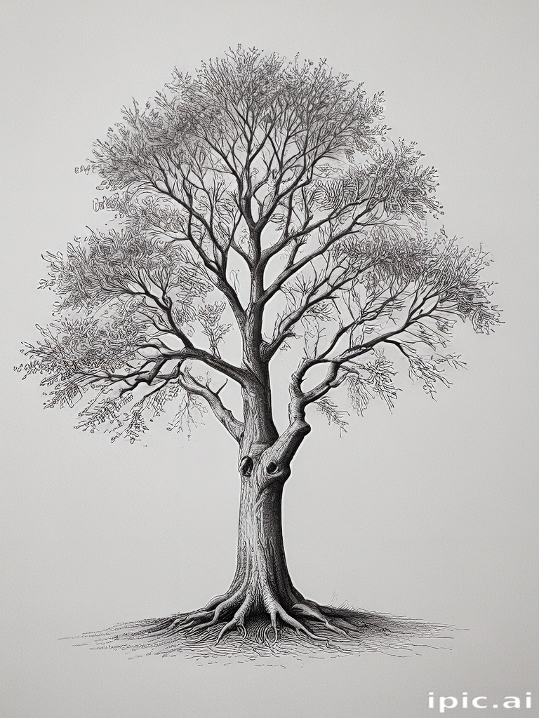 Intricate Illustration of a Leafless Tree with Detailed Branches and Roots