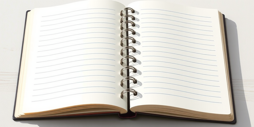 Create a high-resolution illustration of an open notebook with lined pages and visible spiral binding, captured with a DSLR camera at f/8 aperture, ISO 100, 50mm focal length, in a top-down view using natural lighting for enhanced clarity.