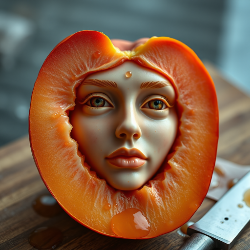 A hyperdetailed photorealistic macro color saturated high resolution image of a peach cut in half, with the peach pit being a highly detailed sculpted woman's face with her eyes open and peach-colored irises. The face has a marble texture. The image includes condensation, moisture, and peach juice. The peach is on a wooden cutting board with a small fruit knife nearby, also covered with juice.