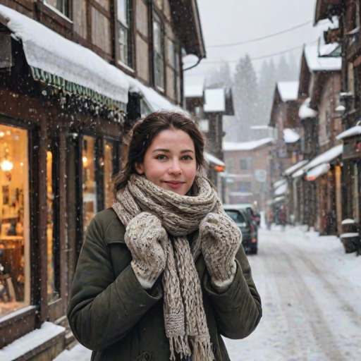Quiet mountain town, snow lightly falling on the rooftops, a woman bundled in a scarf and mittens, window-shopping along a charming, snow-covered street.