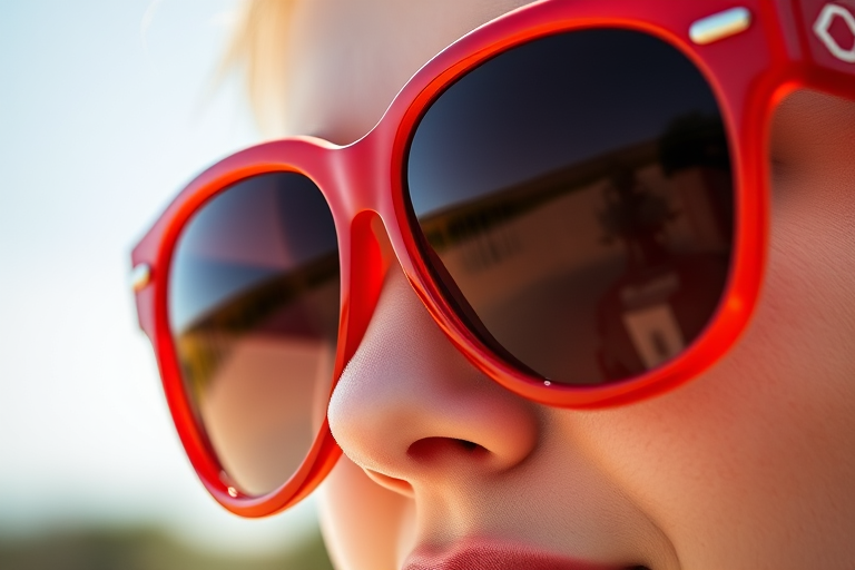 Create a high-resolution image of oversized red sunglasses, close-up view, using a DSLR camera with a 50mm lens, aperture set to f/2.8, ISO 100, and natural lighting for enhanced detail and vibrant color.