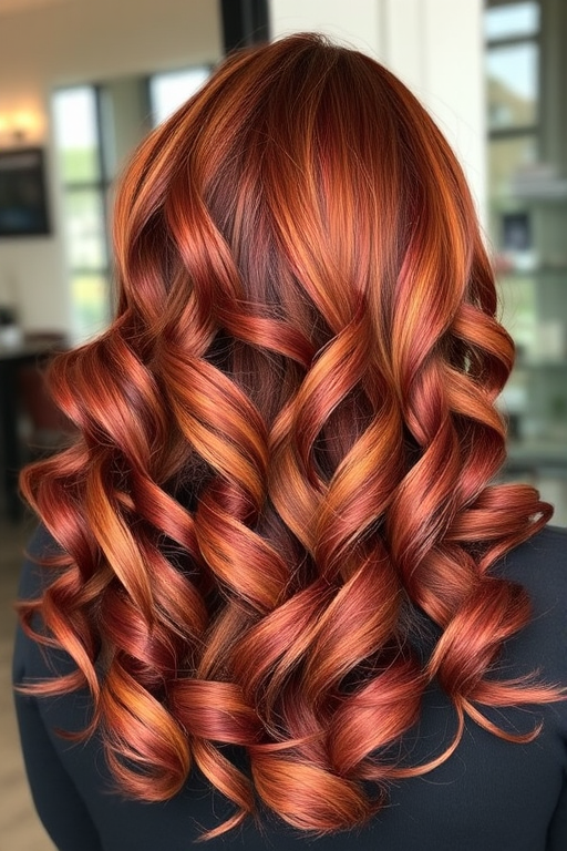 Rich mahogany red locks in the "Cinnamon Swirl" style boast voluminous curls and caramel highlights for depth