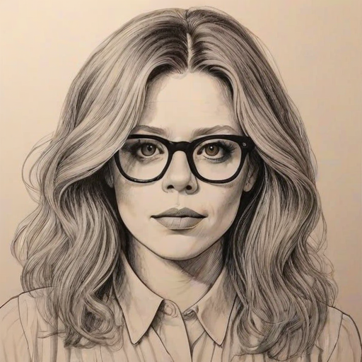 Bewitching Natasha Lyonne, pencil sketch, portrait of Comely woman 1978s in glasses, hair style beatnik, outline, clear lines, fine lines, 8k