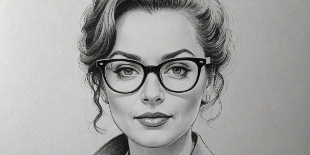 Bewitching Cristina Ricci, pencil sketch, portrait of Ravishing woman 1951s in glasses, hair style beatnik, outline, clear lines, fine lines, 8k