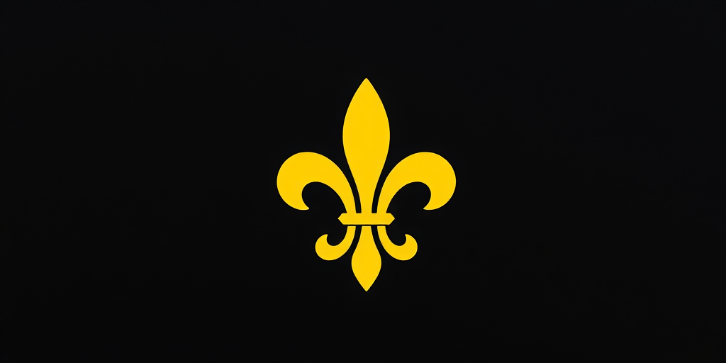 Create a high-resolution image of a yellow fleur-de-lis symbol on a black background, using a DSLR camera with a 50mm lens, aperture f/1.8, ISO 100, at a 45-degree angle, ensuring vibrant colors and sharp edges.
