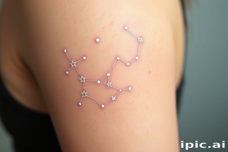 Ethereal white ink constellation tattoo named "Celestial Whispers" featuring delicate star patterns and zodiac symbols barely visible against fair skin like a secret cosmic map revealed only in certain light conditions subtle dot work and fine lines create a dreamy ethereal quality evoking the mystery of the night sky