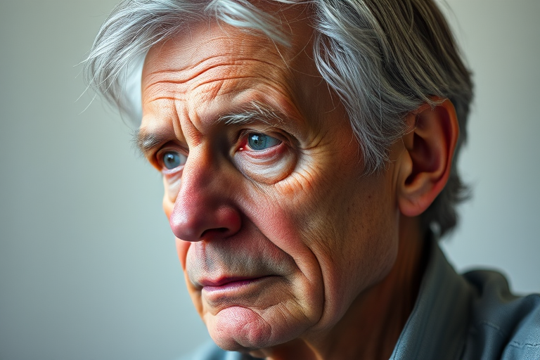 portrait of a thoughtful elderly man with disheveled gray hair, soft lighting, shallow depth of field, 50mm lens, f/1.8 aperture, ISO 200, captured with a DSLR camera, neutral background