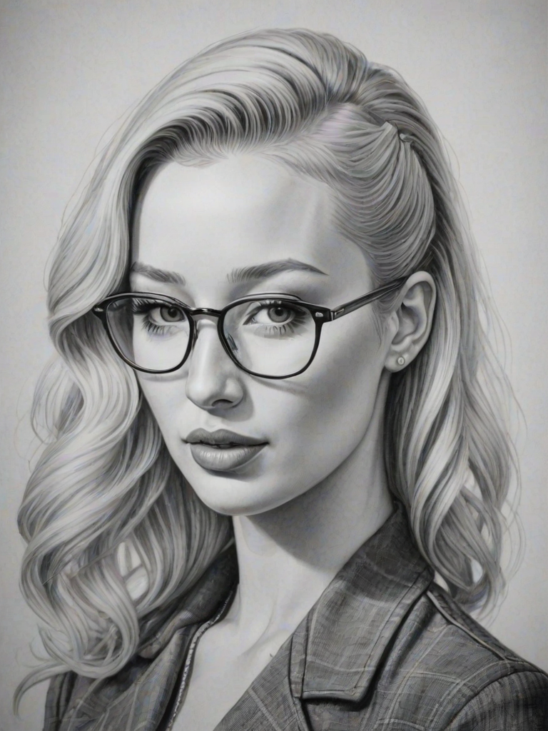 Exquisite Iggy Azalea, pencil sketch, portrait of Comely woman 1935s in glasses, hair style beatnik, outline, clear lines, fine lines, 8k