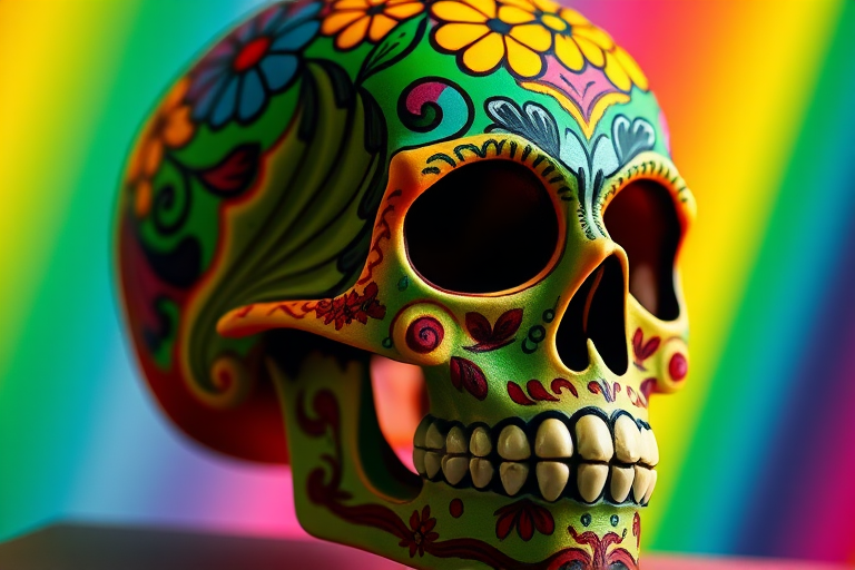 Create a vivid, colorful design of a decorated skull in a rainbow gradient with intricate floral patterns and details, captured in high resolution using a DSLR camera at f/2.8 aperture, ISO 100, 50mm lens, with a macro photography style to enhance texture and vibrancy.