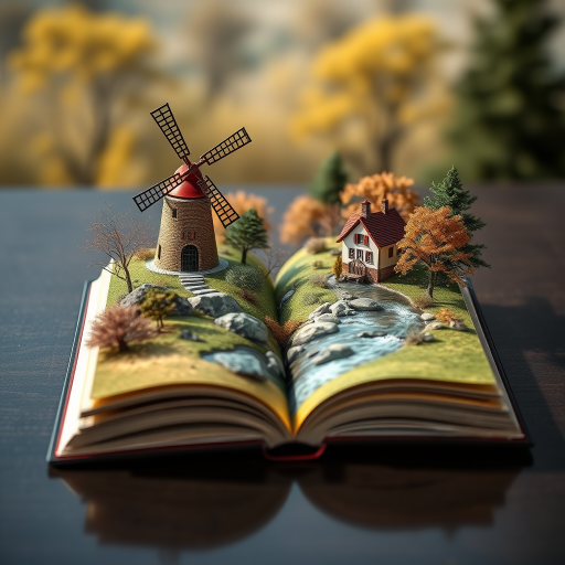 Create a 3D scene of an open book with a detailed landscape featuring a windmill, a charming house, and a flowing river surrounded by trees, shot with a Canon EOS R5, 35mm lens at f/8, ISO 100, in bright lighting to enhance colors and textures and a wide-angle perspective for depth.