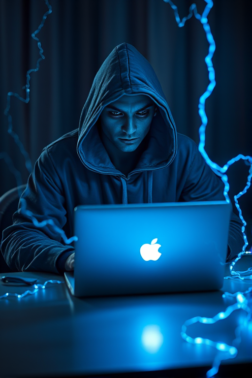 Generate an image of a cloaked figure with a hood, sitting at a table with a glowing laptop, surrounded by blue electric sparks and enhanced digital effects, shot with a DSLR camera at f/2.8, shutter speed 1/60s, ISO 400, in a low-light environment with a macro lens for detail and a slight vignette effect for focus.