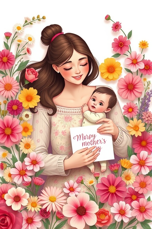 create a digital illustration of a loving mother holding her baby surrounded by colorful flowers and a Mother's Day card, use vibrant colors and soft lines, camera settings f/2.8 aperture, ISO 100, shutter speed 1/125 sec, camera view top-down, camera style flat lay, camera type DSLR