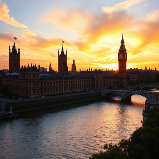 Landscape photograph of the Houses of Parliament and Big Ben during sunset with a soft golden light, taken with a Canon EOS R5, 24mm wide-angle lens, f/8 aperture, ISO 100, 1/125 second shutter speed, capturing a panoramic view over the River Thames with a vibrant sky.