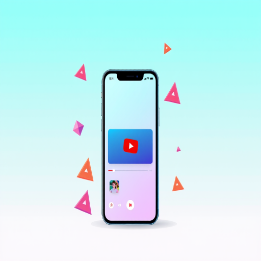 Create a vibrant digital illustration of a smartphone displaying a YouTube video, with a smooth gradient background transitioning from teal to white, incorporating playful geometric shapes around the phone, using a high-resolution digital art style, simulated camera settings of f/2.8 aperture, 24mm focal length, and soft lighting to enhance depth and detail.