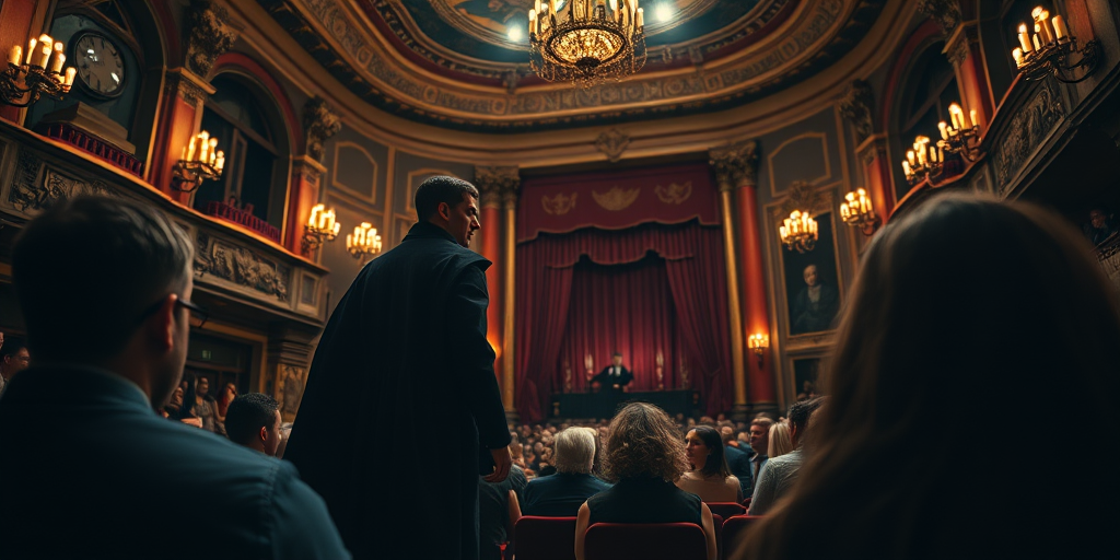 A dramatic theater performance featuring a vampire character in a lavishly decorated old theater, with an audience watching intently, warm lighting highlighting the scene, captured with a Canon EOS R5, 50mm lens, f/1.8, ISO 200, 1/100s, low angle view, cinematic style.