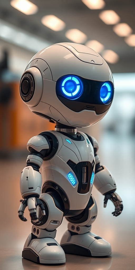 generate an image of a cute futuristic robot with blue glowing eyes standing in a well-lit environment using a 50mm lens, f/1.8 aperture, ISO 100, aperture priority mode, in a studio setting, with softbox lighting to enhance image quality