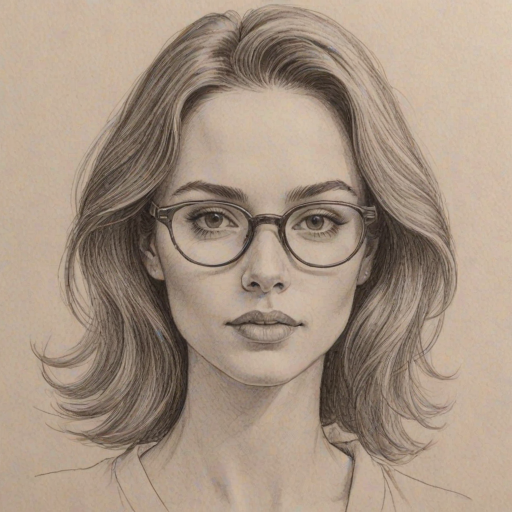 Graceful Sophia Wylie, pencil sketch, portrait of Pleasing woman 1971s in glasses, hair style beatnik, outline, clear lines, fine lines, 8k