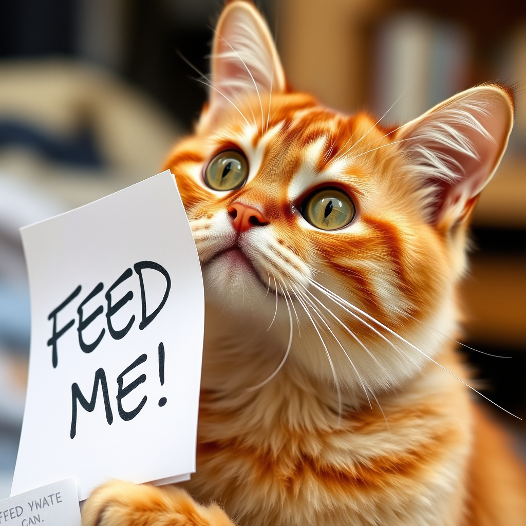 cat holding a note which says "FEED ME"