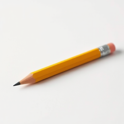 Create a realistic image of a sharpened yellow pencil lying on a flat surface with a soft shadow underneath.