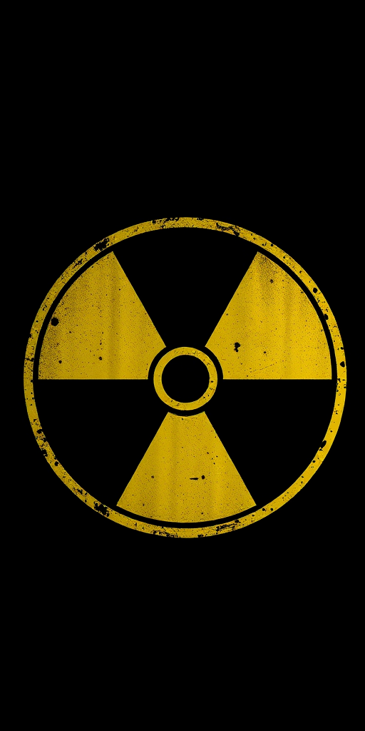 Create a high-resolution image of a yellow radioactive symbol against a black background, using a DSLR camera, f/8 aperture, 1/125 shutter speed, ISO 100, standard lens, and overhead lighting for even illumination.