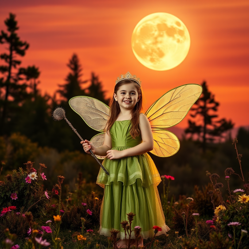 A vivid photo  taken under a bright camera flash of a fantastical scene set against a backdrop of a forest during sunset. The main subject is a girl dressed as a fairy, adorned with translucent wings and a green dress, holding a wand, her face is happy, and she wears a crown on her head. The forest behind her is a blend of flowers, shrubs and trees. The sky is painted in hues of orange and pink, with a large, glowing moon casting a warm glow over the scene. The overall color palette is dominated by earthy tones.