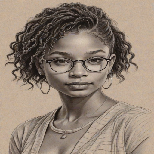 Enchanting Halle Bailey, pencil sketch, portrait of Lovely woman 1932s in glasses, hair style beatnik, outline, clear lines, fine lines, 8k