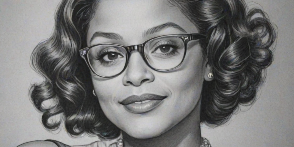 Comely Debbie Allen, pencil sketch, portrait of Beauteous woman 1933s in glasses, hair style beatnik, outline, clear lines, fine lines, 8k