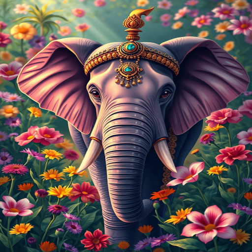 create a vibrant illustration of a majestic elephant adorned with ornate jewelry surrounded by a lush garden of colorful flowers in high resolution, shot with a Canon EOS R5 at f/1.8, 50mm lens, soft focus background for enhanced depth, vibrant color saturation, natural lighting, and high dynamic range