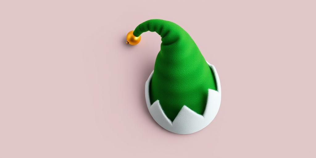 Create a high-resolution illustration of a whimsical green elf hat with a white trim and a golden bell at the tip, captured with a DSLR camera at f/2.8 aperture, ISO 100, 50mm lens, top-down view, using soft natural lighting for an inviting and festive vibe.