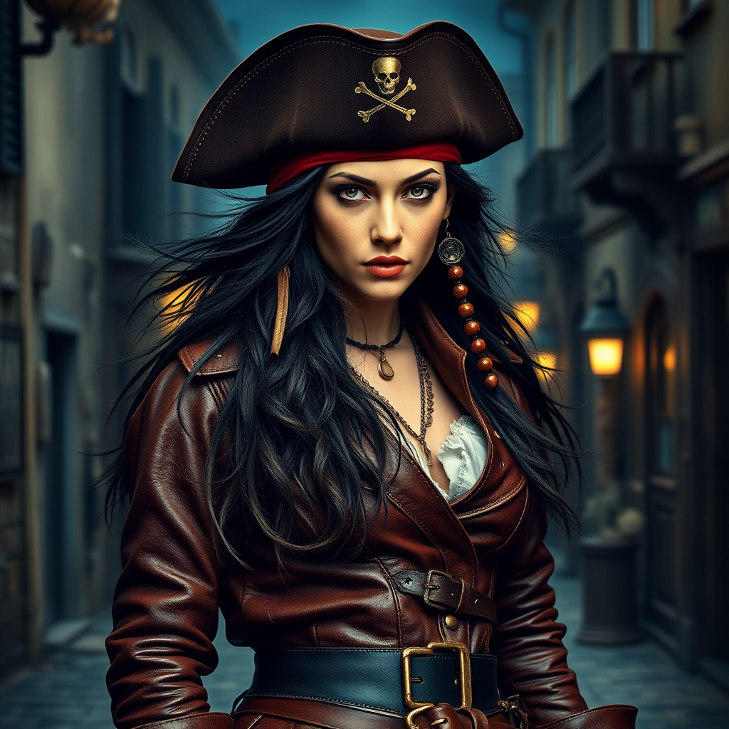Create a portrait of a fierce female pirate. She wears a leather tricorn hat adorned with a skull and crossbones emblem, and her long, dark hair flows around her face. Her outfit consists of a richly detailed leather jacket, a corset, and multiple layers of belts and accessories, giving her a formidable and stylish appearance. She stands confidently in a dimly lit, historic port town, with a backdrop of weathered buildings and cobblestone streets, capturing the adventurous spirit of a pirate.